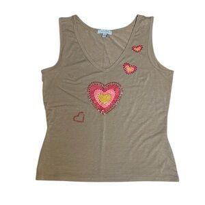 Bogari Tan Tank Top with Heart Embellishments, Medium